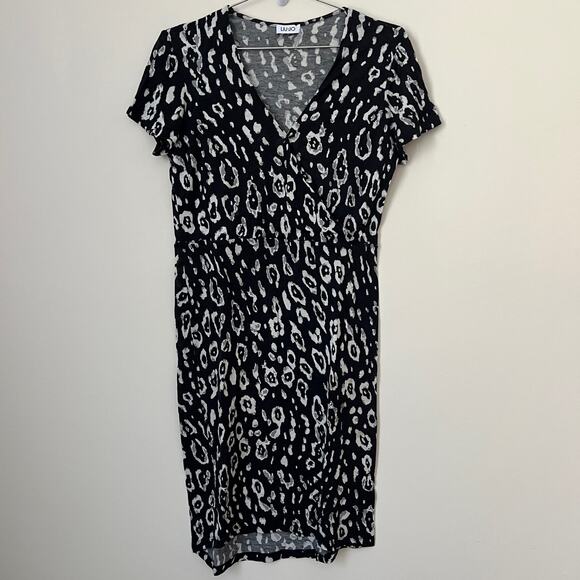 LIU-JO Black White Leopard V-Neck Short Sleeve Dress Size S - Picture 1 of 9